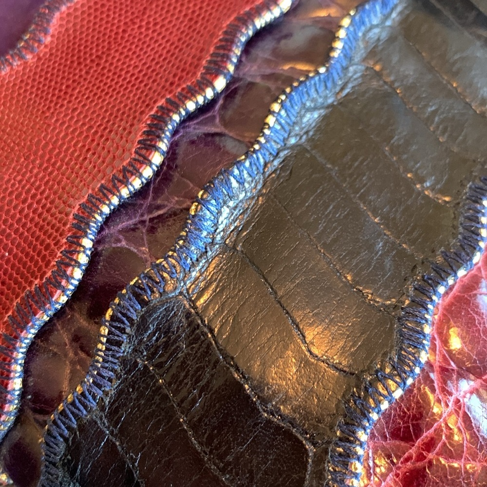 SHARIF vintage shoulder bag, strips of leather & suede, navy, maroon, purple VTG - Picture 9 of 17